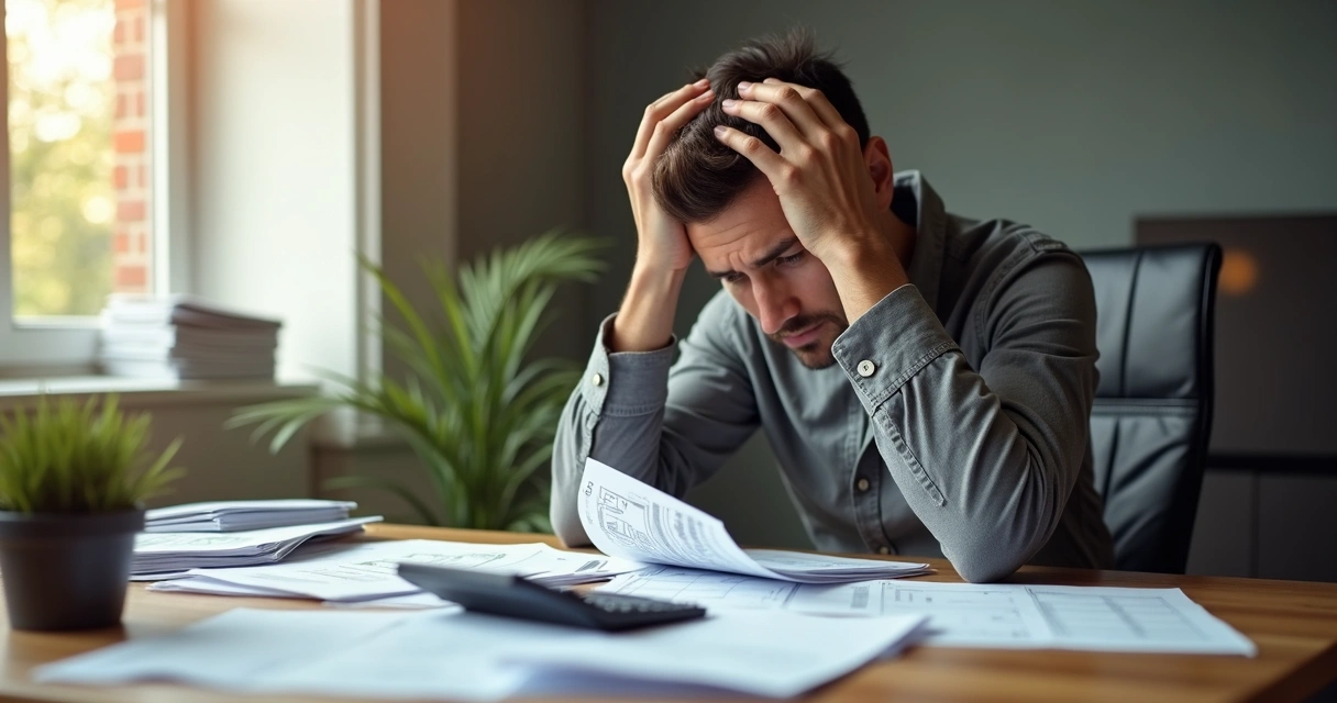 Pessoa sentada à mesa analisando contas e segurando cabeça, papéis e calculadora à frente, expressão pensativa 