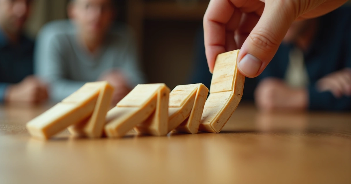 Mão colocando peça de dominó entre outras, ilustrando efeito dominó das decisões. 