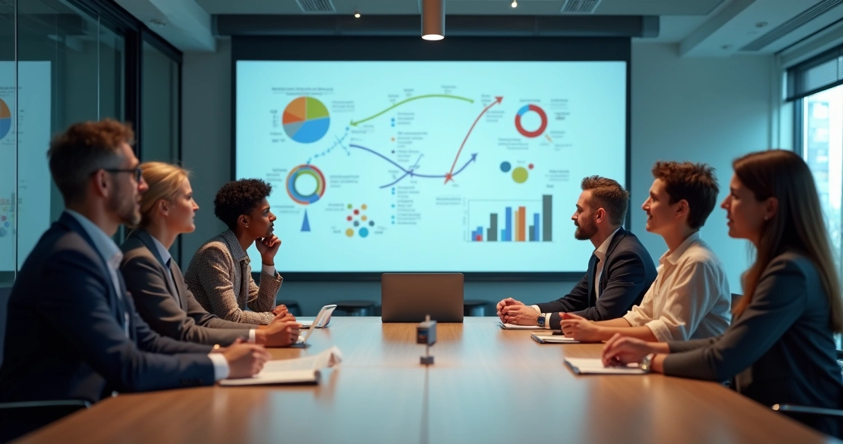 Reunião de equipe em uma sala, todos pensativos analisando opções, com gráficos e escolhas projetados na parede atrás 