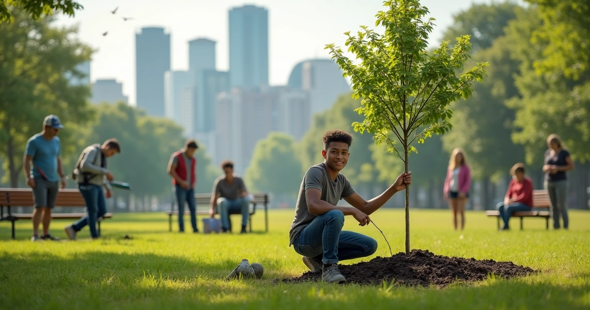 Pessoa plantando árvore em parque urbano 