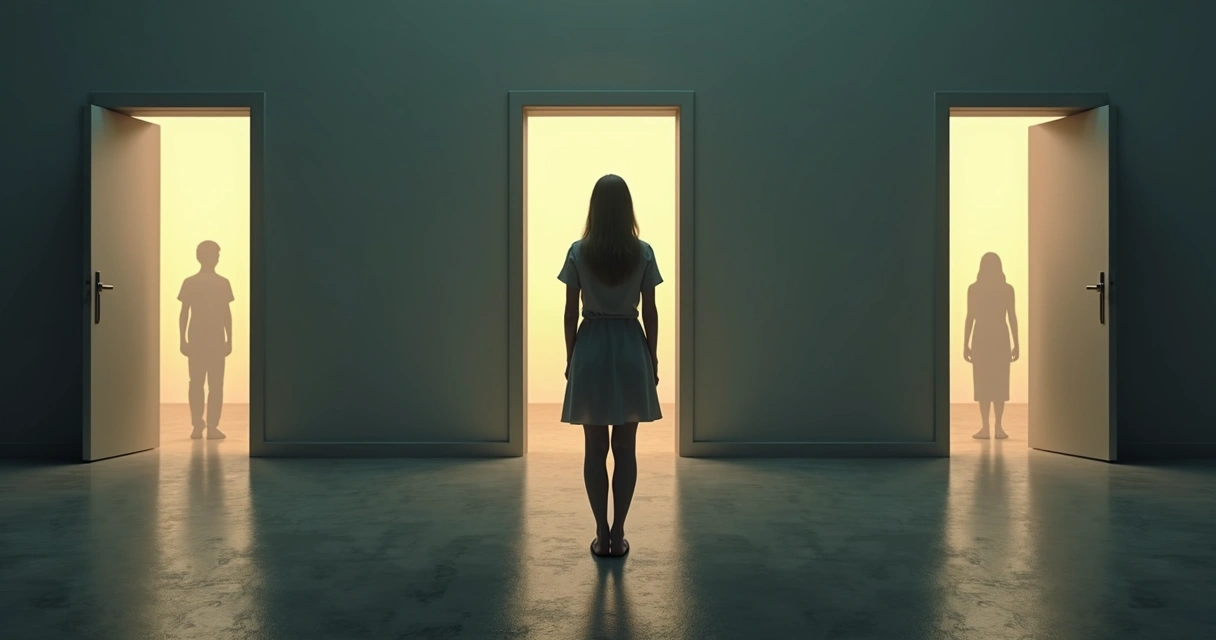 Pessoa diante de três portas, hesitando, sombras sugerindo diferentes pressões familiares 