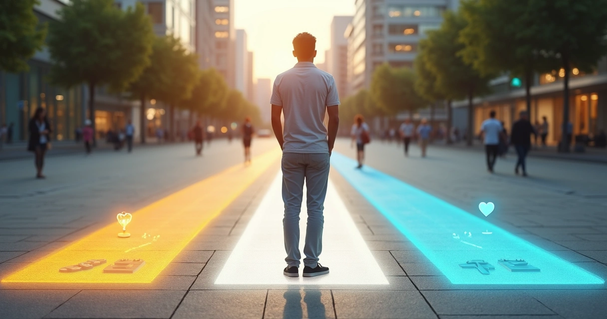 Pessoa em encruzilhada urbana avaliando diferentes caminhos 