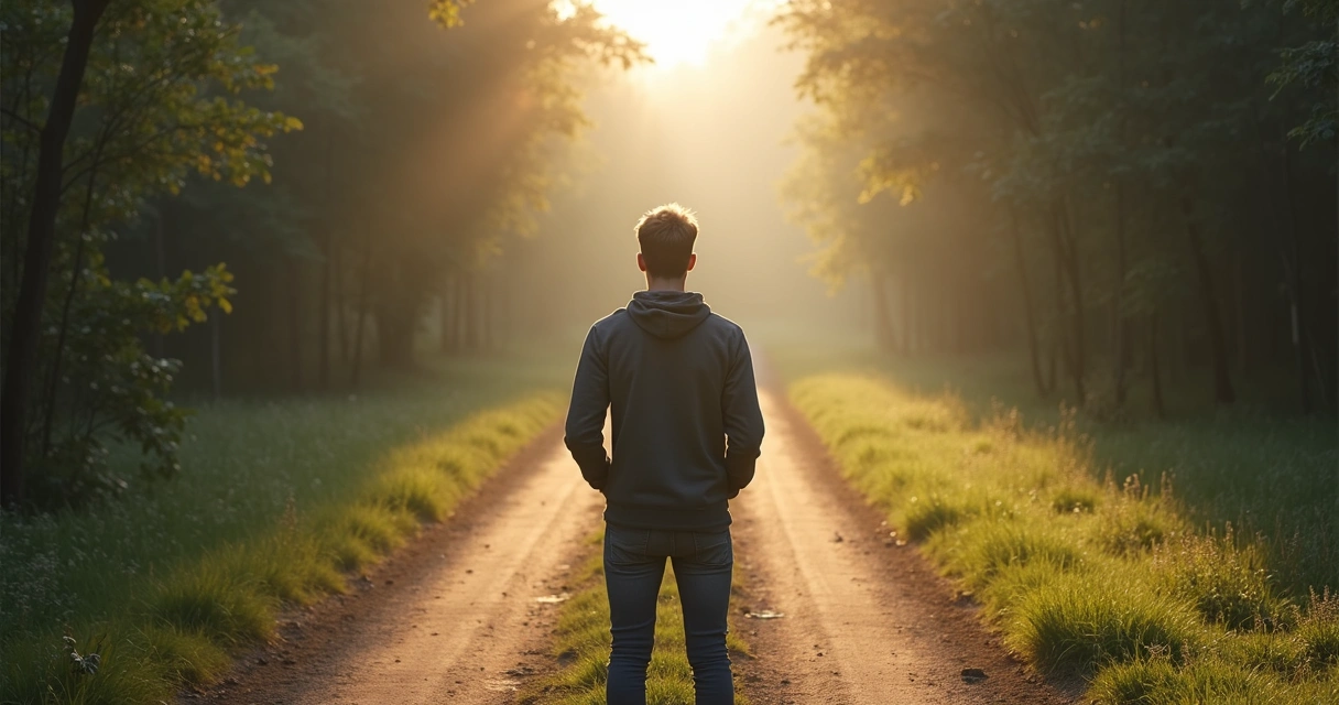 Pessoa refletindo e escolhendo entre caminhos diferentes 