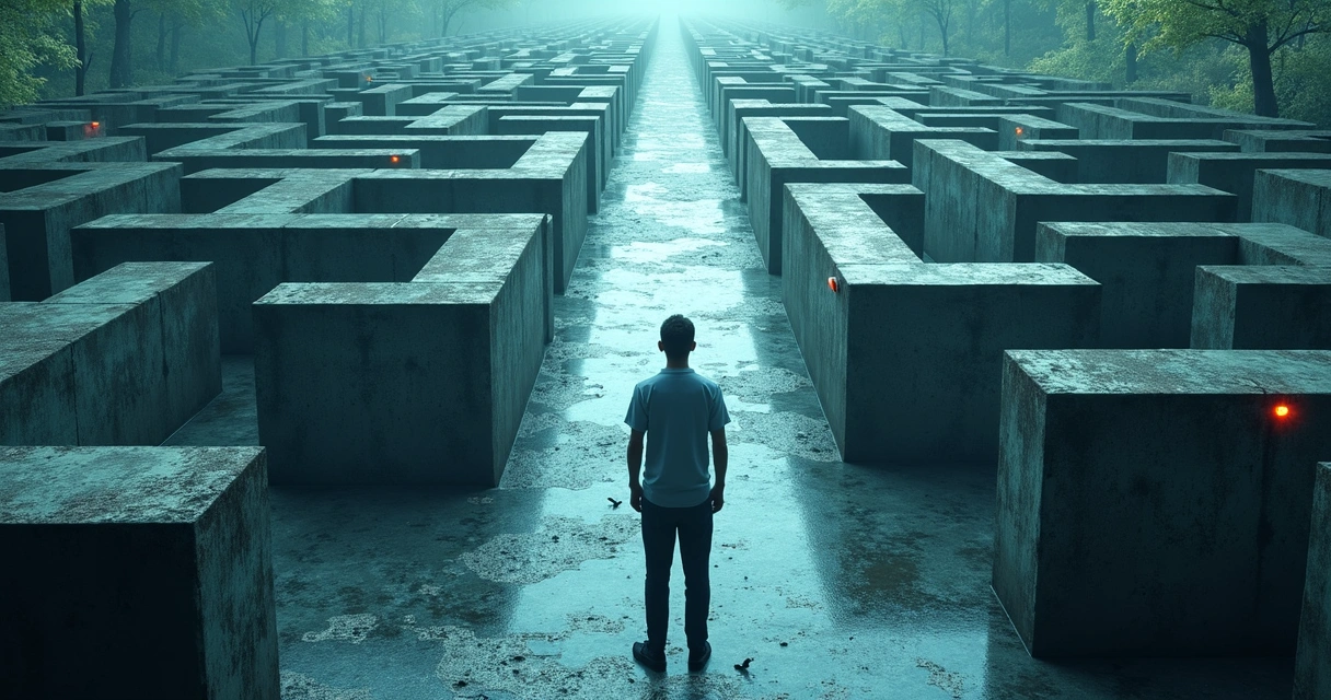 Pessoa em frente a um labirinto com vários símbolos de profissões nas entradas 