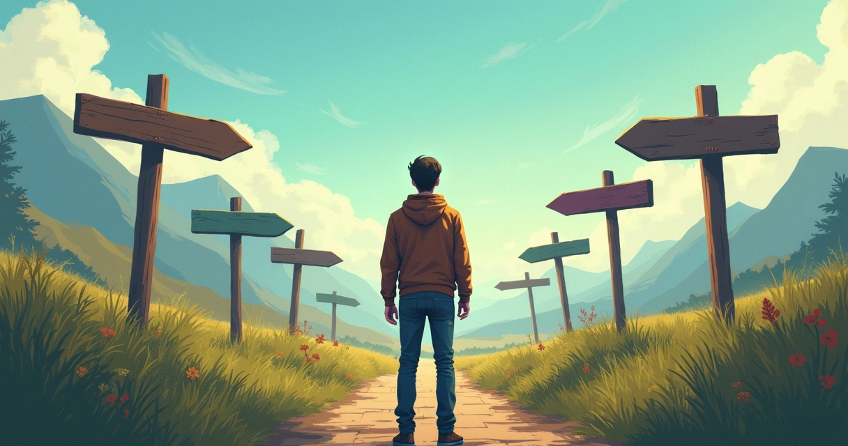 Pessoa de costas diante de várias estradas divergentes e placas de direção 