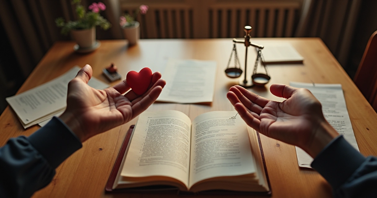 Mesa de madeira com duas mãos segurando diferentes objetos, simbolizando escolhas morais 