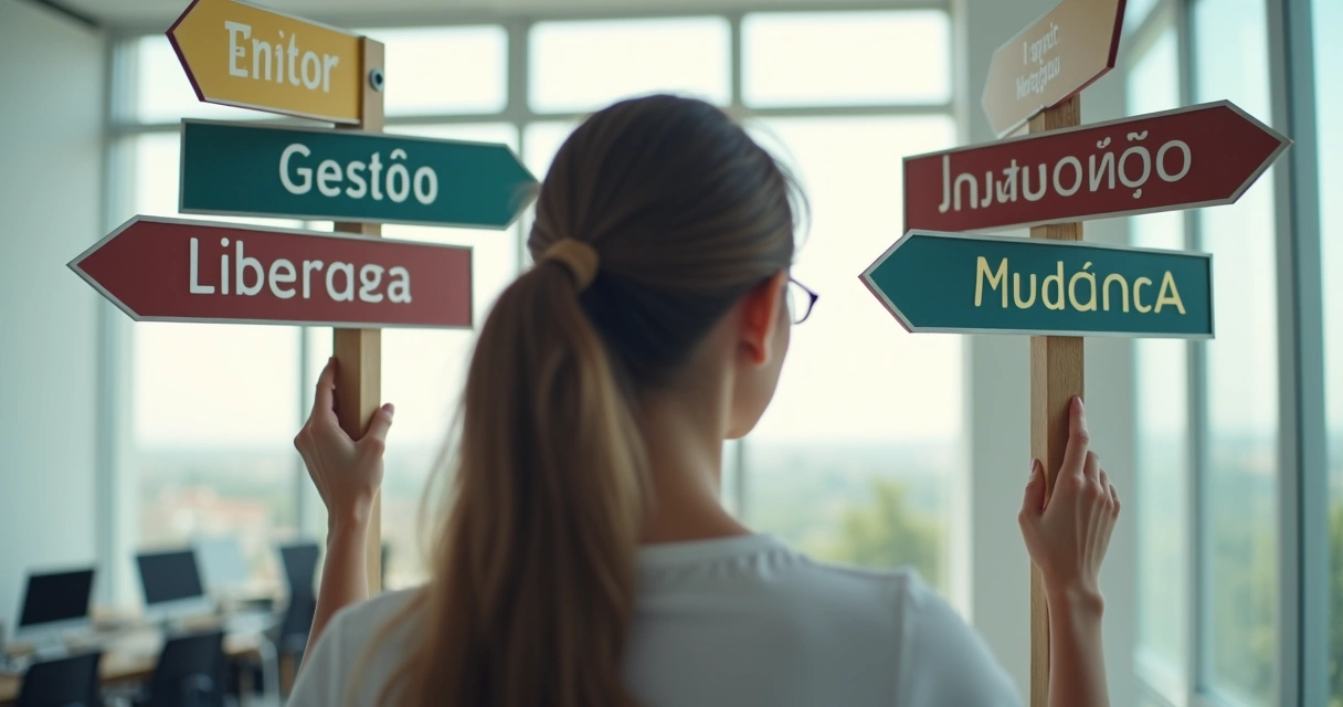 Pessoa em uma encruzilhada profissional olhando várias placas de direções diferentes