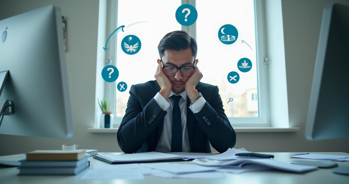 Profissional sentado à mesa olhando papéis, com expressão pensativa, rodeado de símbolos de dúvidas e caminhos diferentes. 