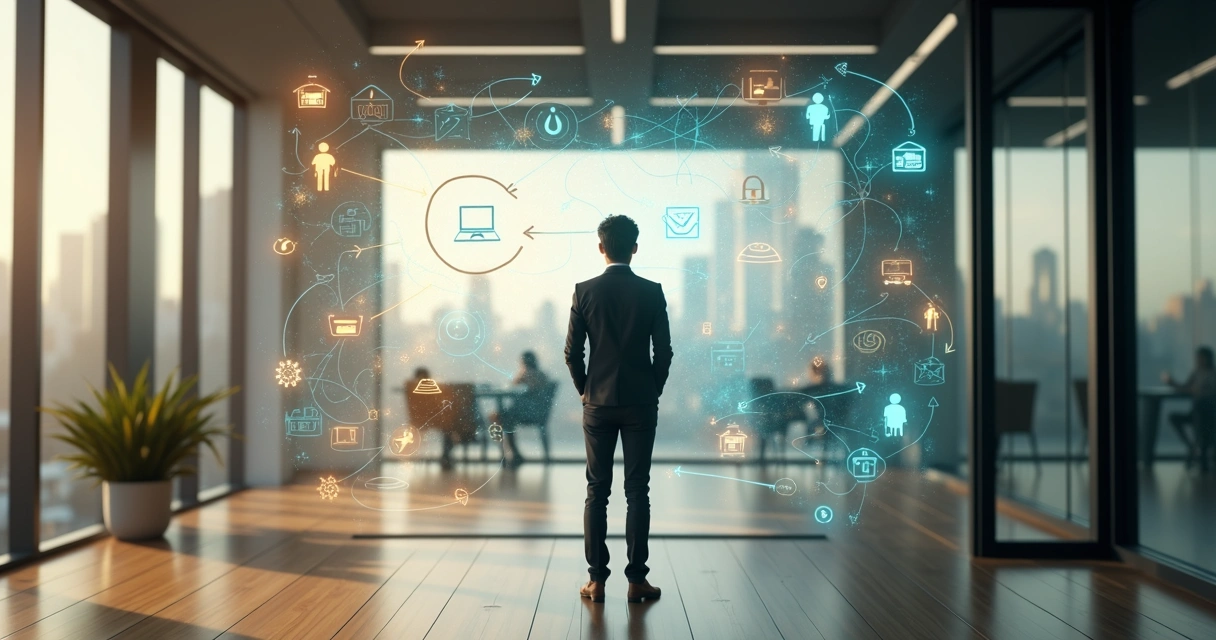 Profissional em encruzilhada olhando diferentes caminhos de carreira em um escritório moderno 