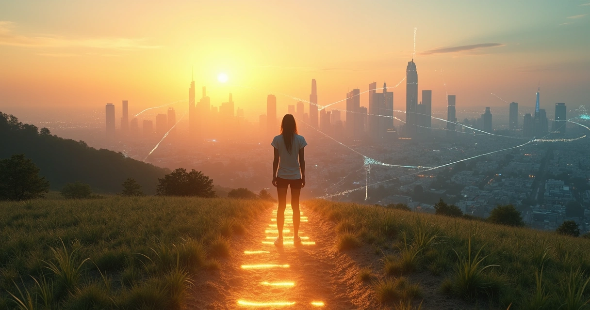 Pessoa em encruzilhada observando cidade futurista conectada por luzes 