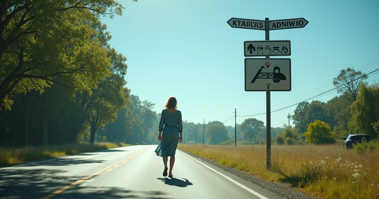 Pessoa olhando para diferentes caminhos em cruzamento tranquilo