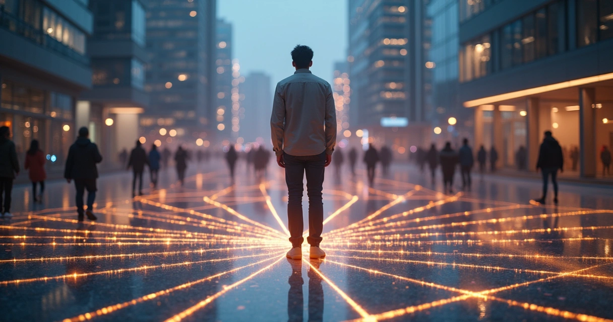 Pessoa escolhendo caminho em rede de conexões humanas 