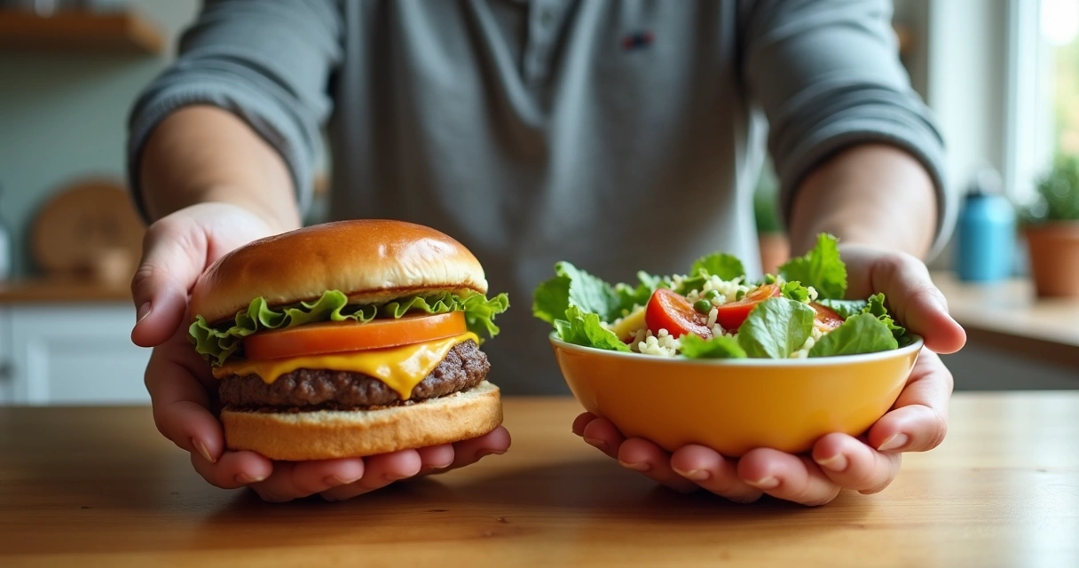 Homem escolhendo entre fast food e alimentação saudável 
