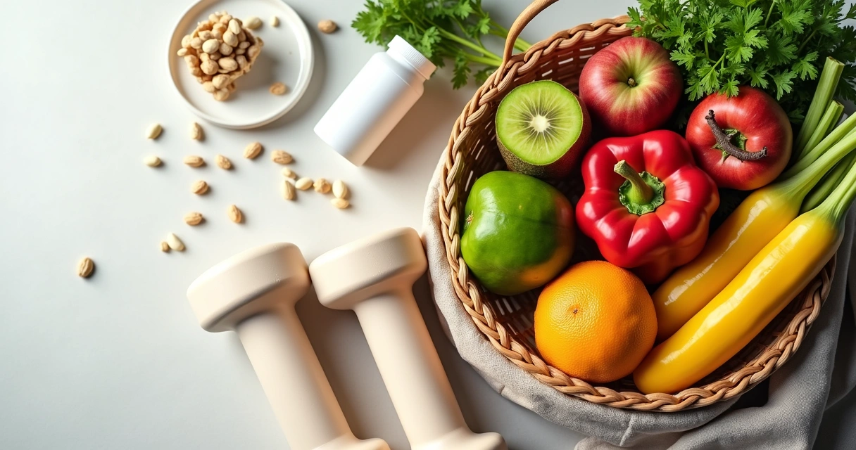 Cesta com alimentos saudáveis, halteres e suplemento em fundo claro 