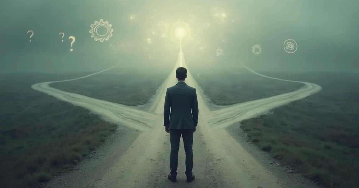 Pessoa olhando para vários caminhos em uma encruzilhada 