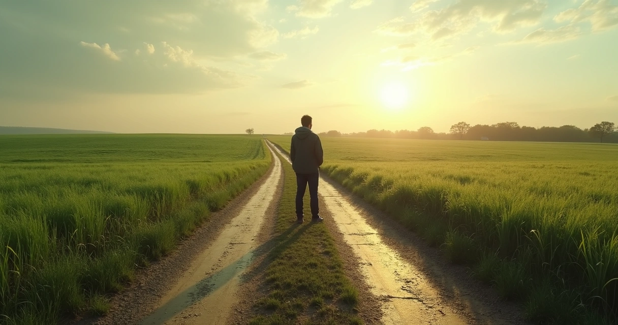 Duas estradas diferentes em um campo, com pessoa parada avaliando opções