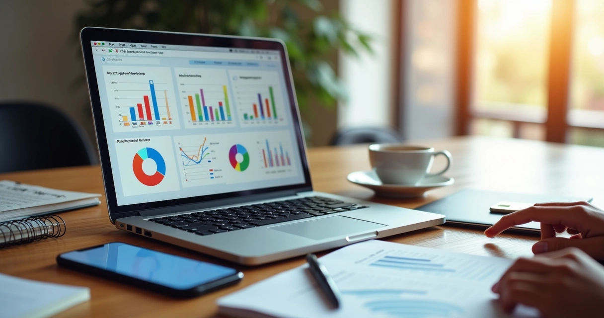 Mesa de trabalho com laptop aberto exibindo gráficos digitais, smartphone, cadernos e caneta, representando escolha de agência de marketing digital 