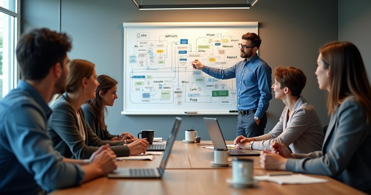 Reunião de equipe discutindo opções de API com quadro branco