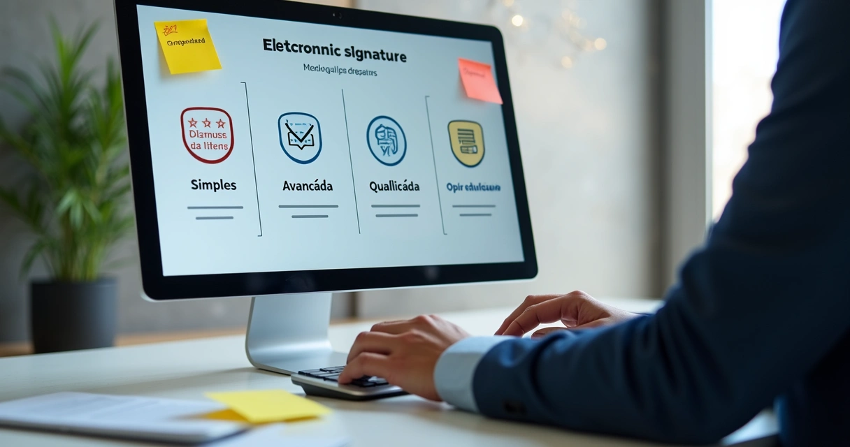 Pessoa escolhendo entre assinatura simples, avançada e qualificada na tela do computador