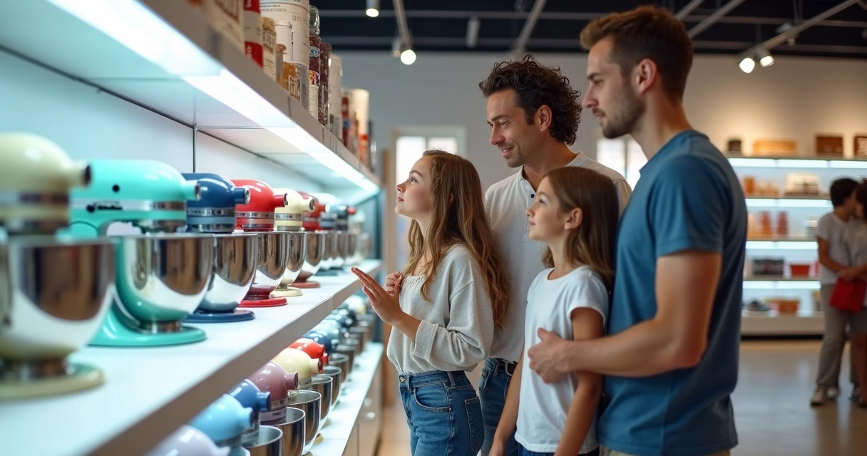 Pessoas escolhendo batedeira em loja de eletrodomésticos. 
