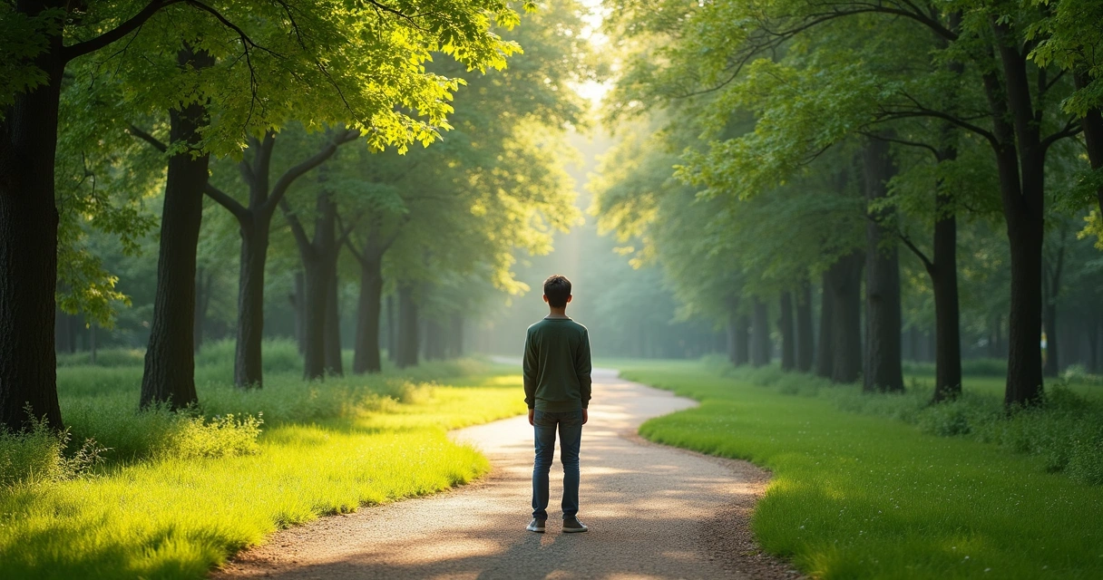 Pessoa parada em uma bifurcação de caminhos em um parque arborizado 