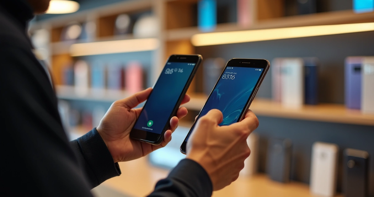 Pessoa segurando dois celulares Android diferentes em uma loja. 