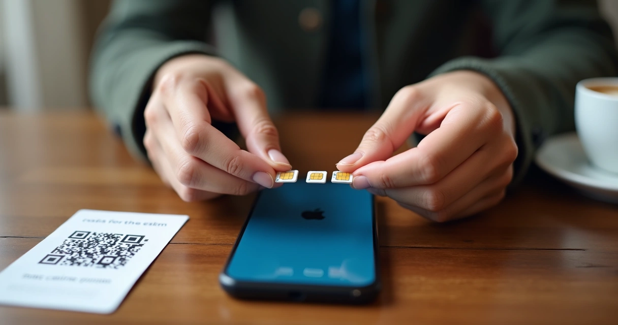 Pessoa segurando diferentes tipos de chip SIM Card comparando tamanhos 