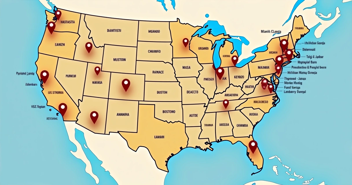 Mapa dos Estados Unidos com cidades favoritas de brasileiros marcadas 