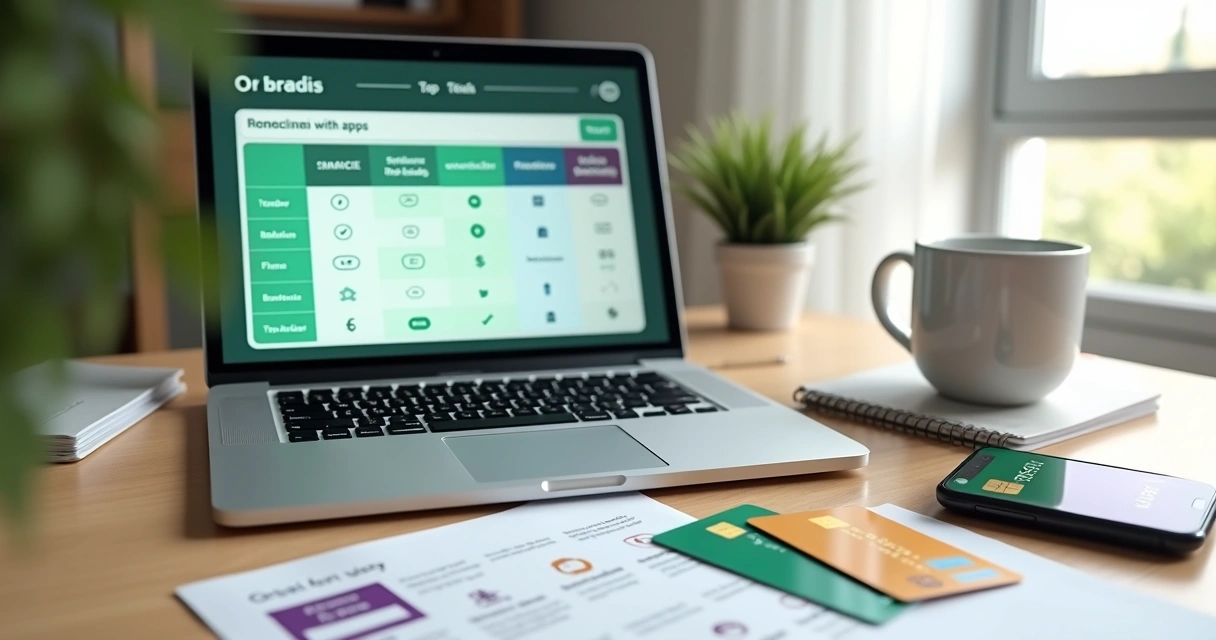 Pessoa comparando bancos digitais em notebook e celular sobre mesa com cartão e café 