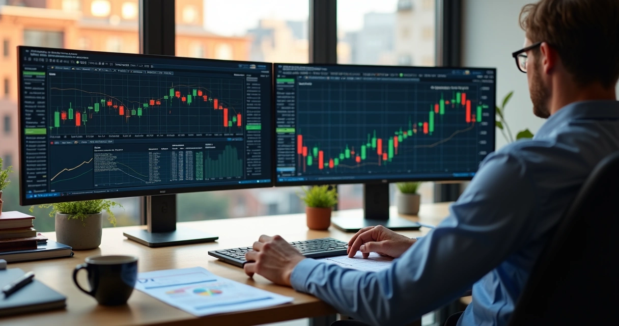Pessoa analisando gráficos de corretoras financeiras em telas digitais 