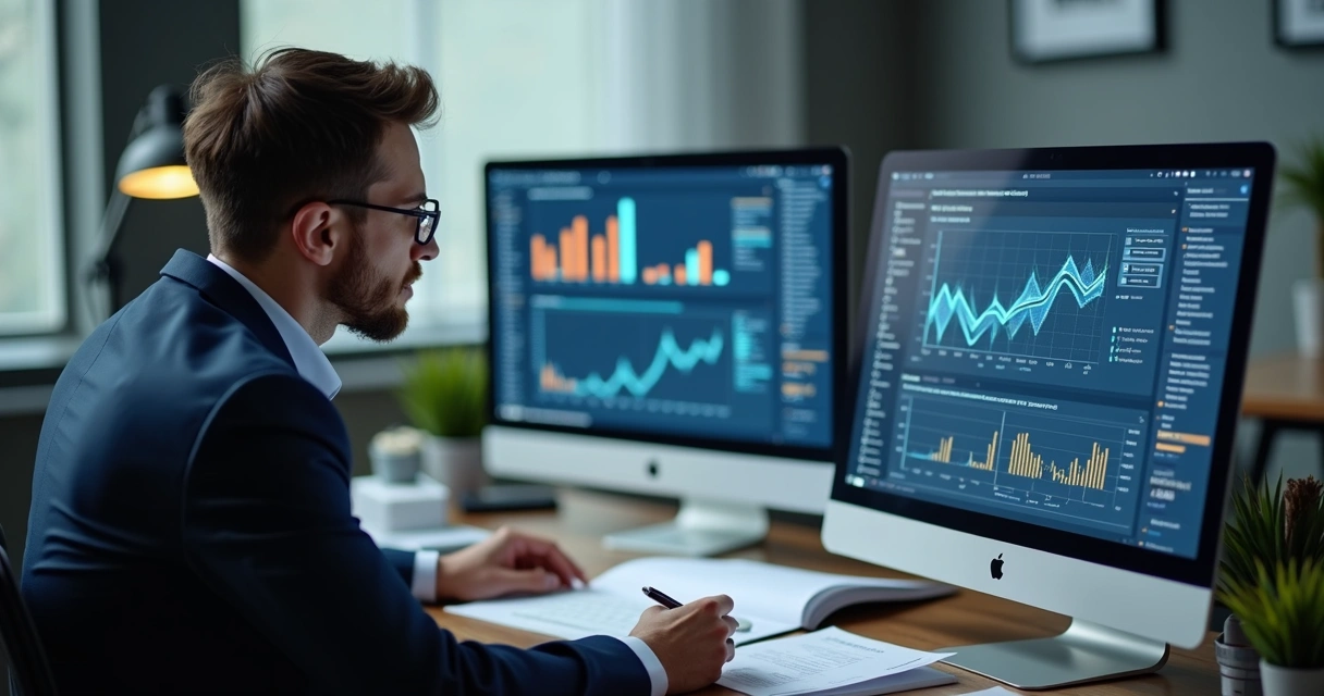 Contador analisando telas de soluções de CRM 