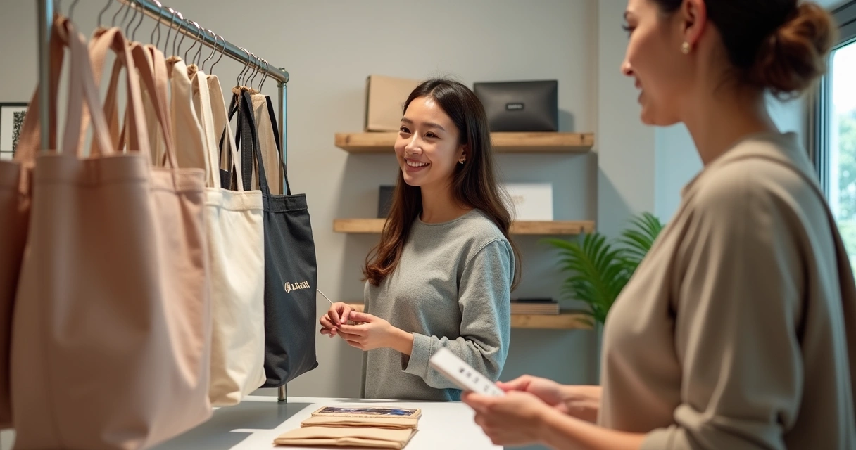Cliente escolhendo ecobag personalizada em loja 