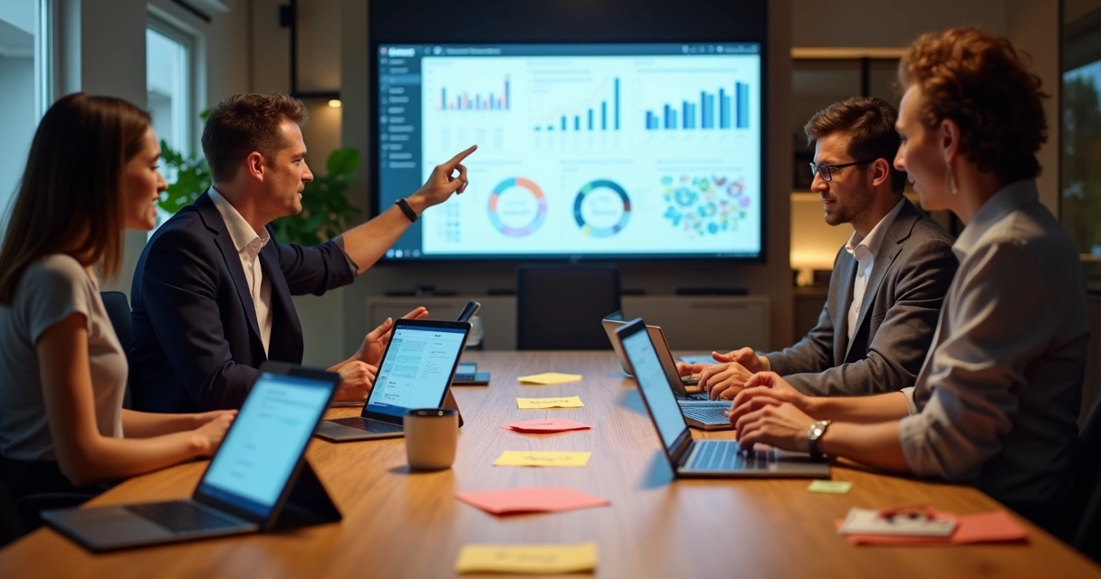 Equipe avaliando ferramentas de dados para e-commerce 