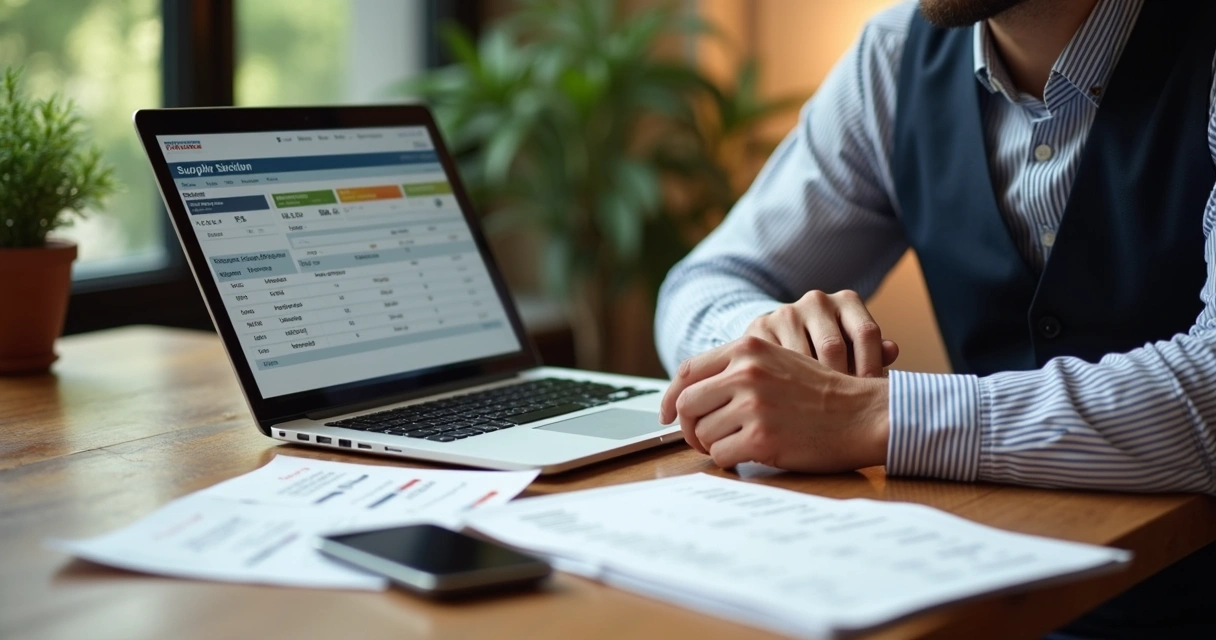 Proprietário analisando lista de fornecedores em computador 