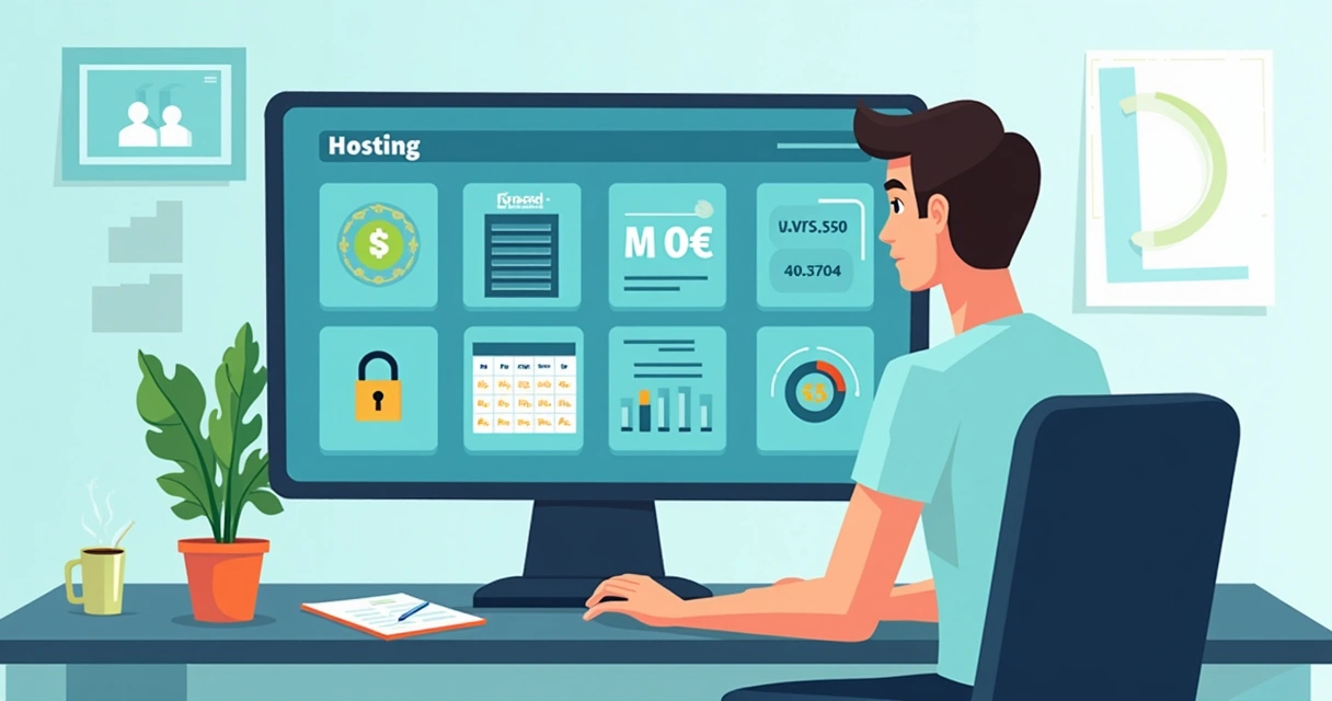 Profissional avaliando tipos de hospedagem de site em computador com gráficos e indicadores. 