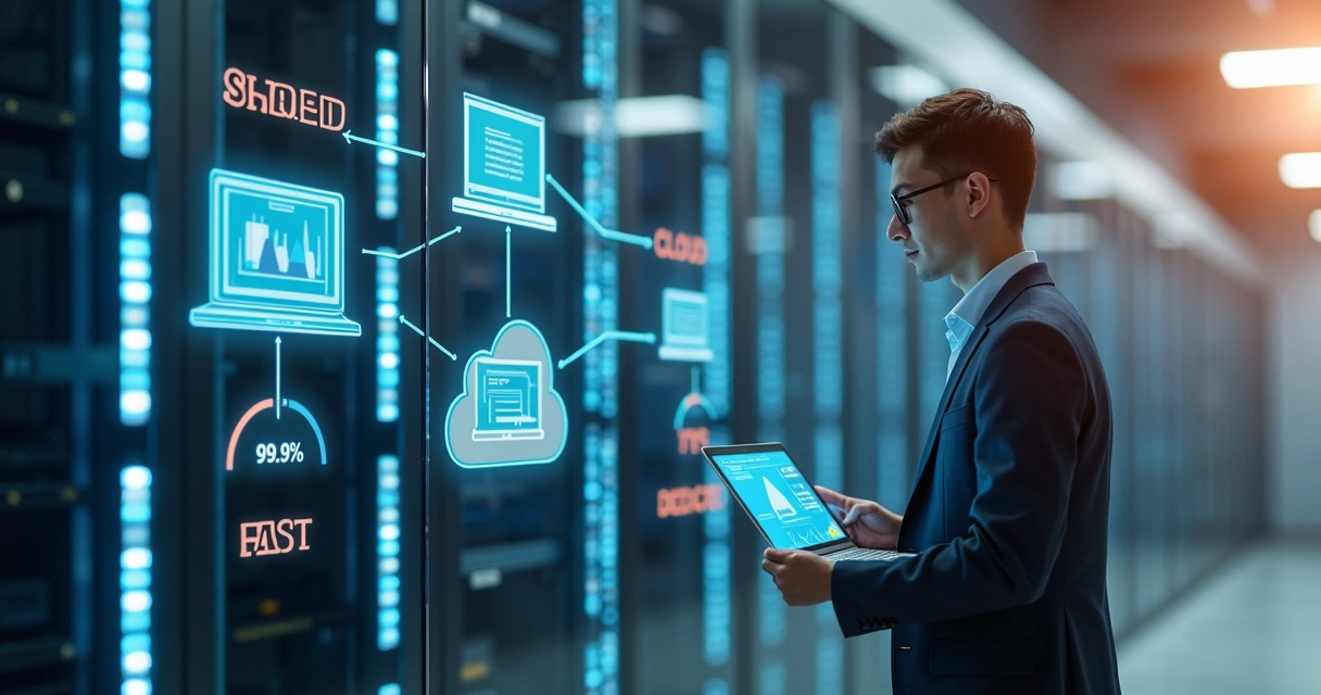 Empresário analisando opções de hospedagem de site em datacenter moderno 