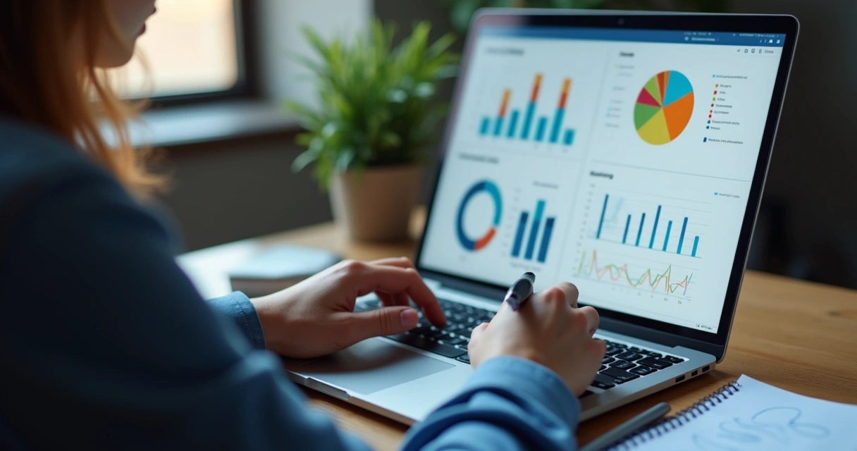 Pessoa analisando indicadores no Power BI, tela do notebook mostra gráficos variados 