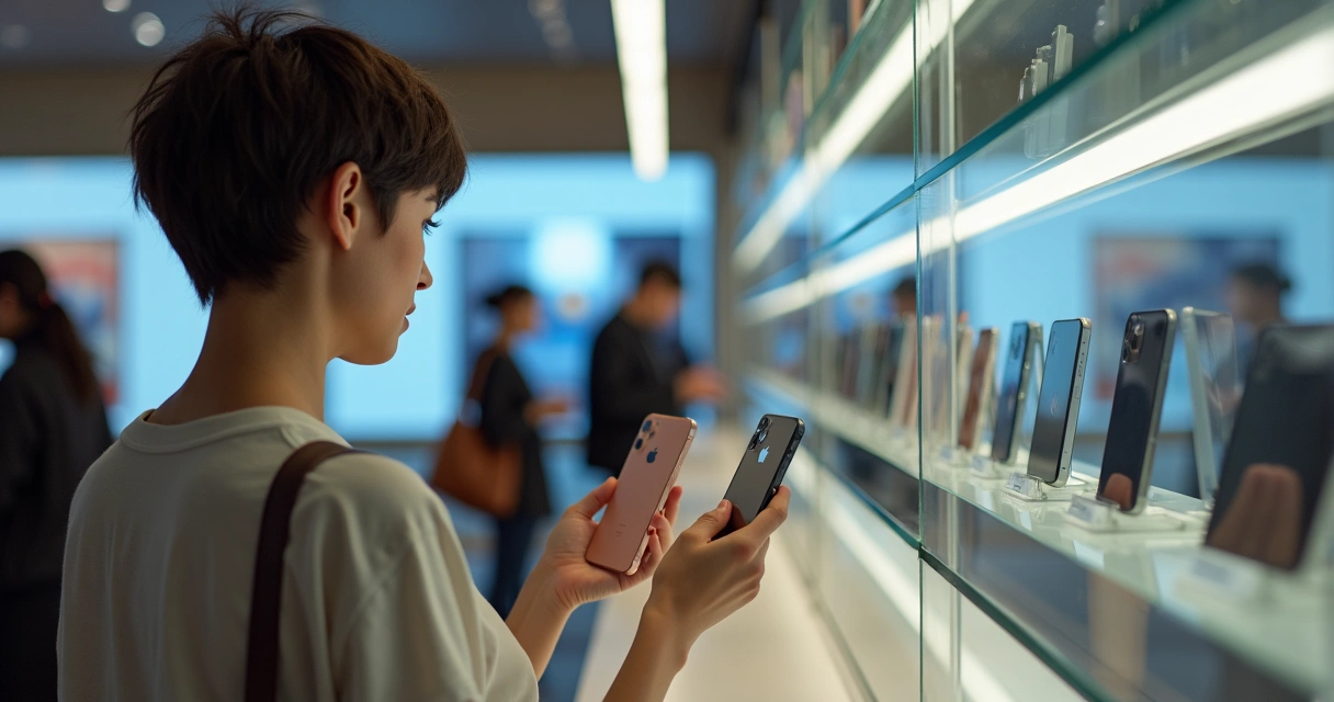 Pessoa compara modelos de iPhone em uma loja com fundo iluminado 