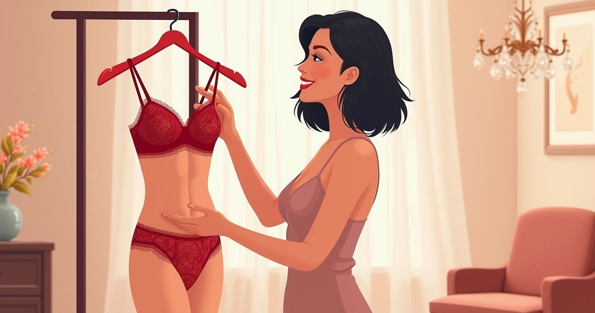 Mulher sorrindo ao escolher lingerie vermelha em loja elegante 