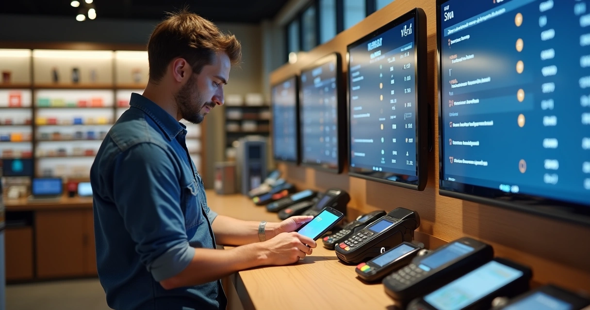 Empresária escolhendo maquininha de cartão em loja de tecnologia 