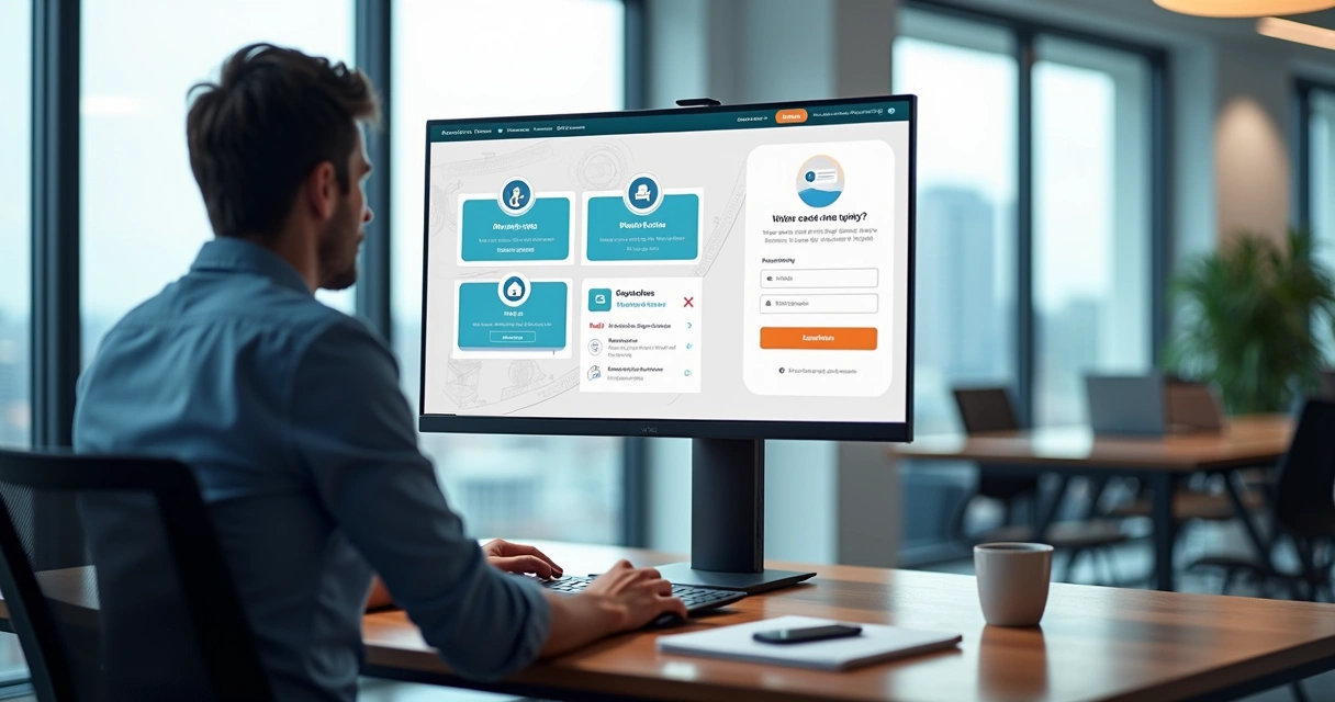 Empreendedor escolhendo ferramenta para criar site em painel com opções SaaS 