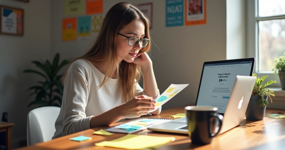 Mulher olhando anotações com ideias para blog, laptop e xícara de café 