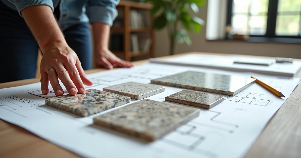 Pessoa analisando amostras de pedras para obra em mesa de escritório 