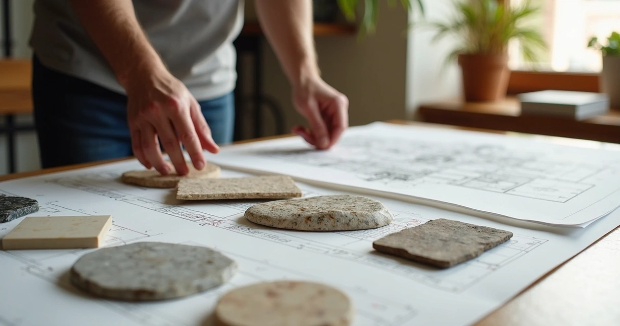 Pessoa escolhendo pedras e revestimentos para projeto residencial, com mostruário em mesa e plantas desenhadas ao fundo. 