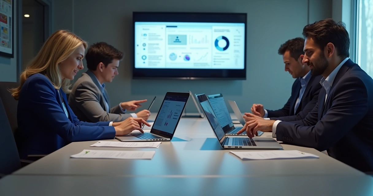 Equipe jurídica avaliando plataformas digitais em computadores 
