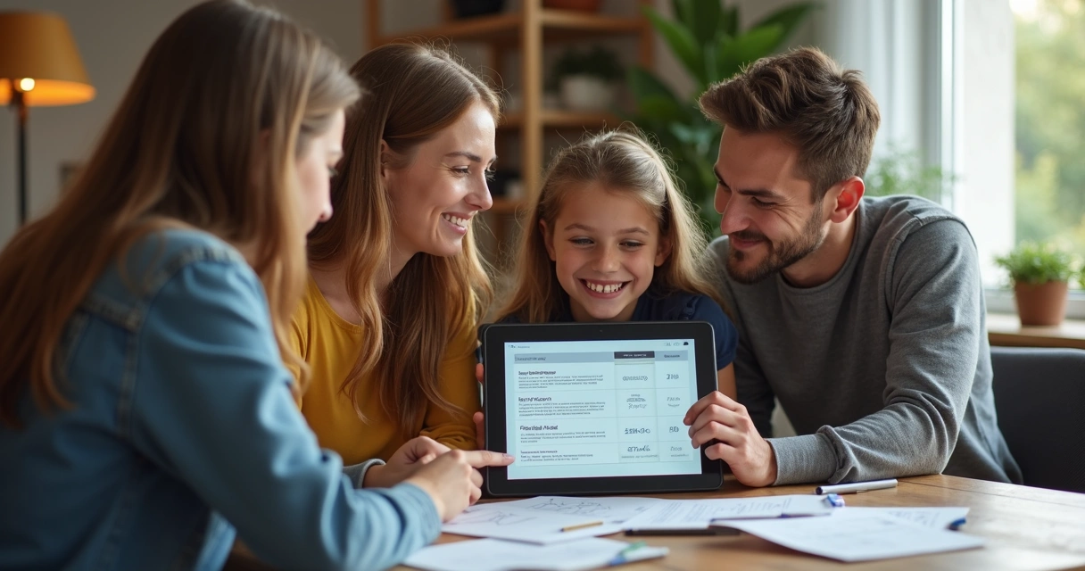 Família reunida avaliando planos de previdência digital com tablet