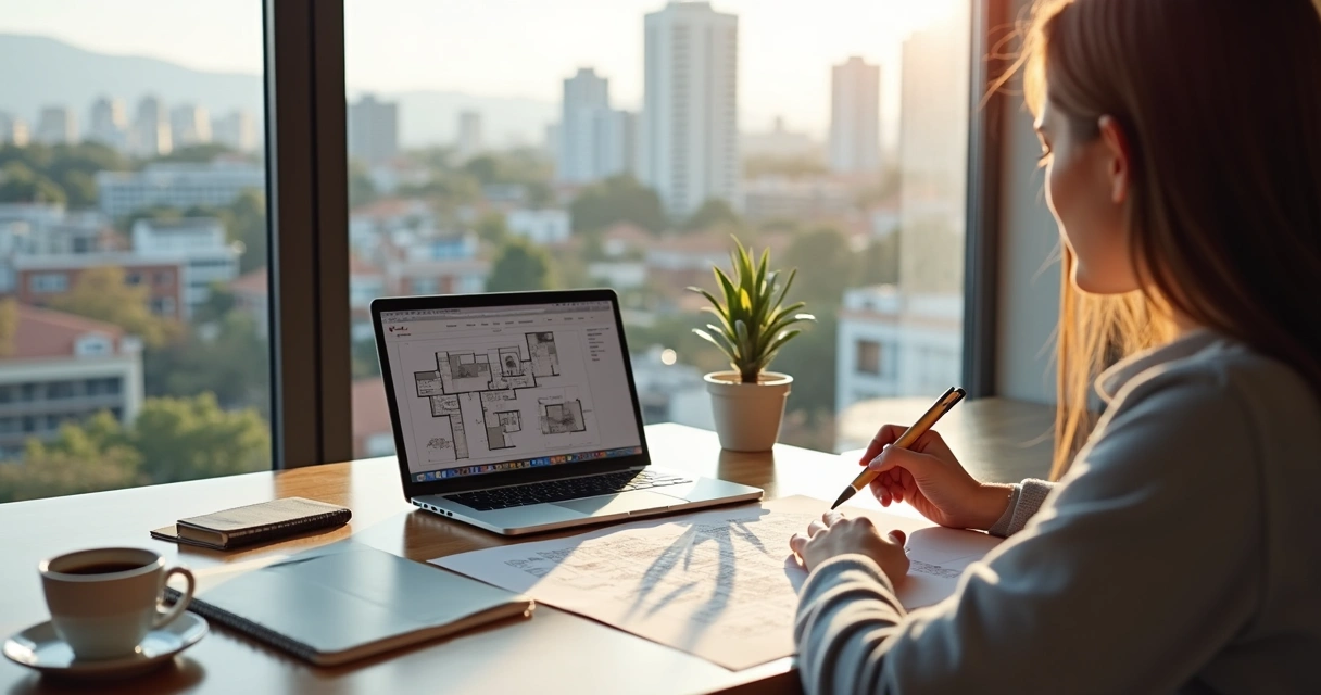 Pessoa jovem analisando planta baixa de imóvel com caneta na mão e laptop em mesa de madeira clara, ambiente iluminado e moderno 