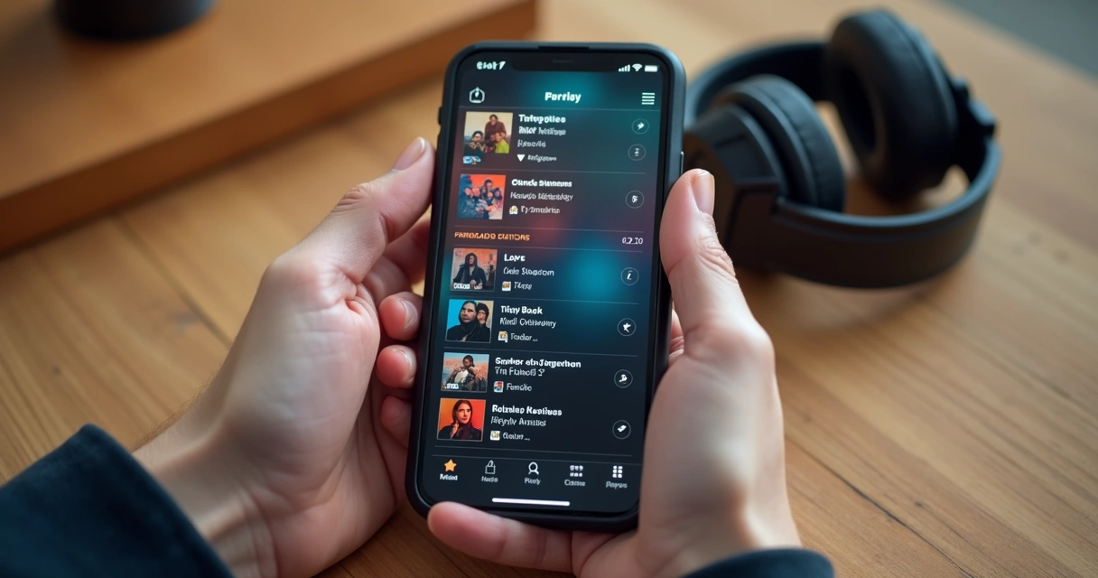 Pessoa usando aplicativo de rádio online no celular, escolhendo estação em lista