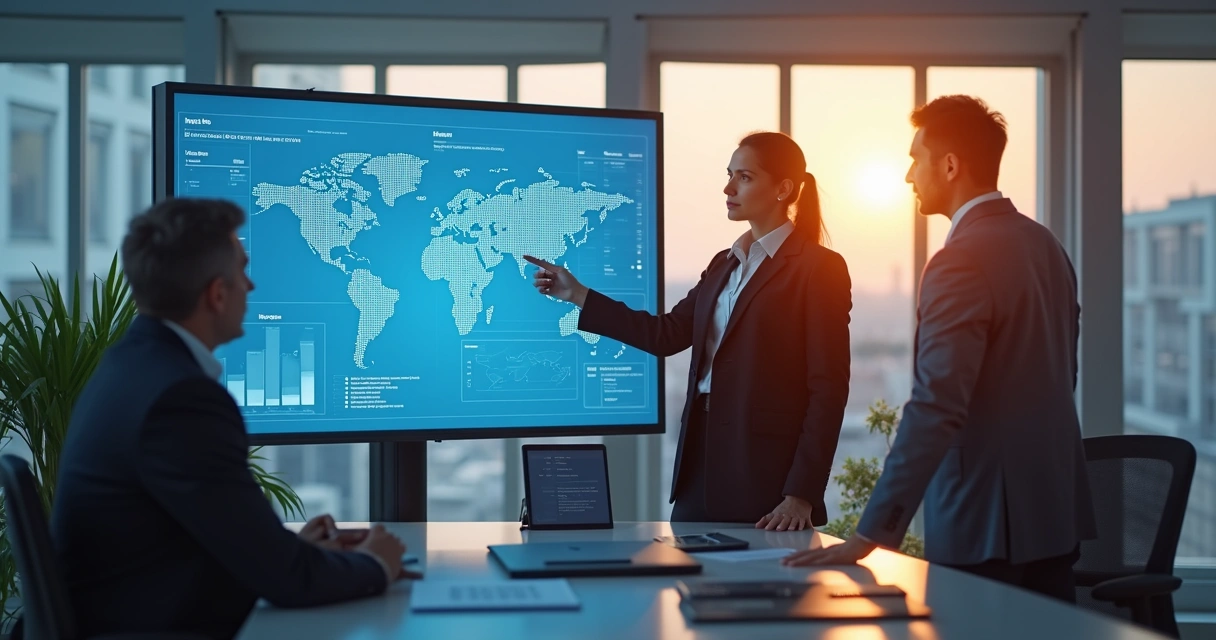 Equipe avaliando e escolhendo software de IA em sala de reunião 