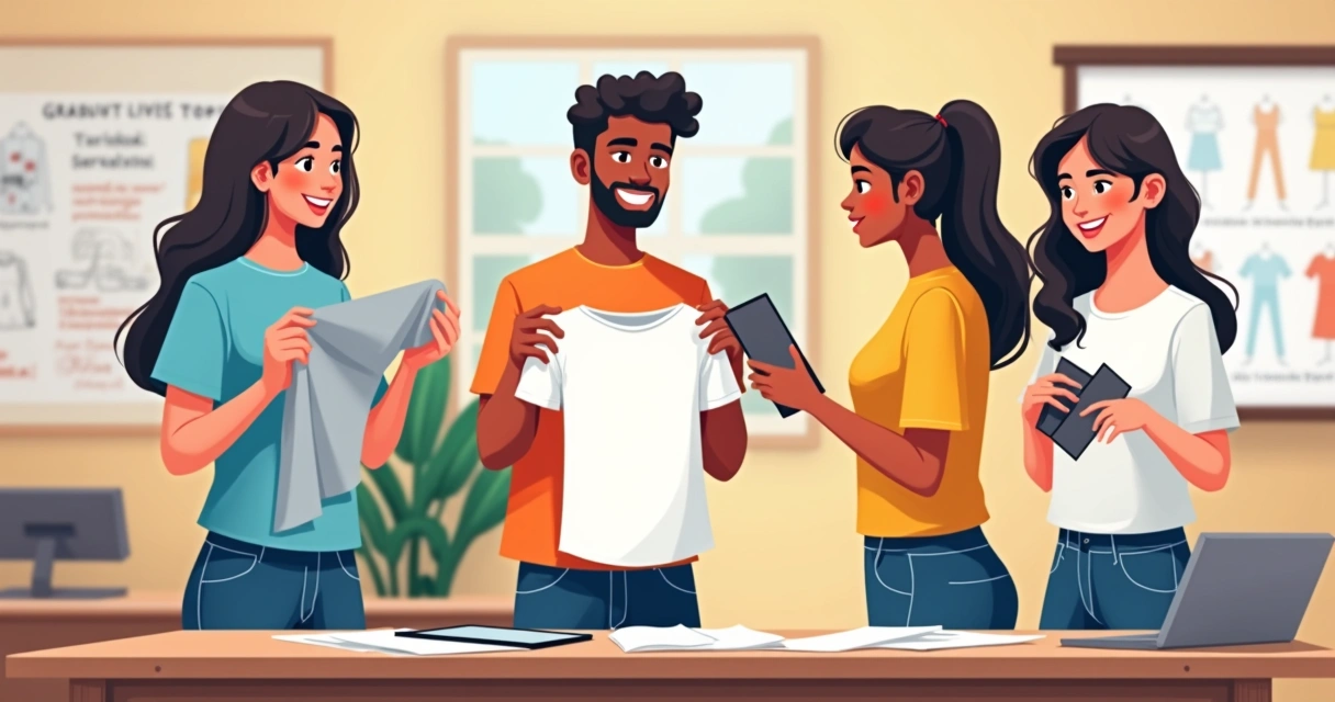 Alunos analisando diferentes tecidos para camisetas do terceirão 